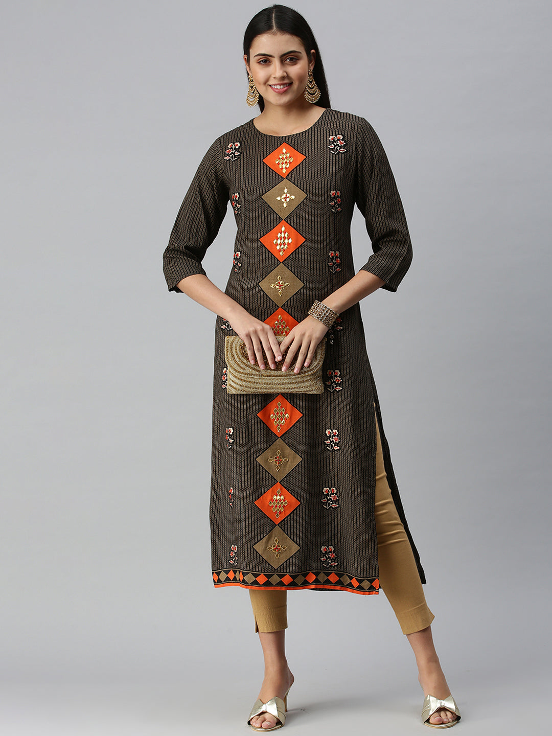 Women's BlackBeige Floral Khatwa Straight Kurta