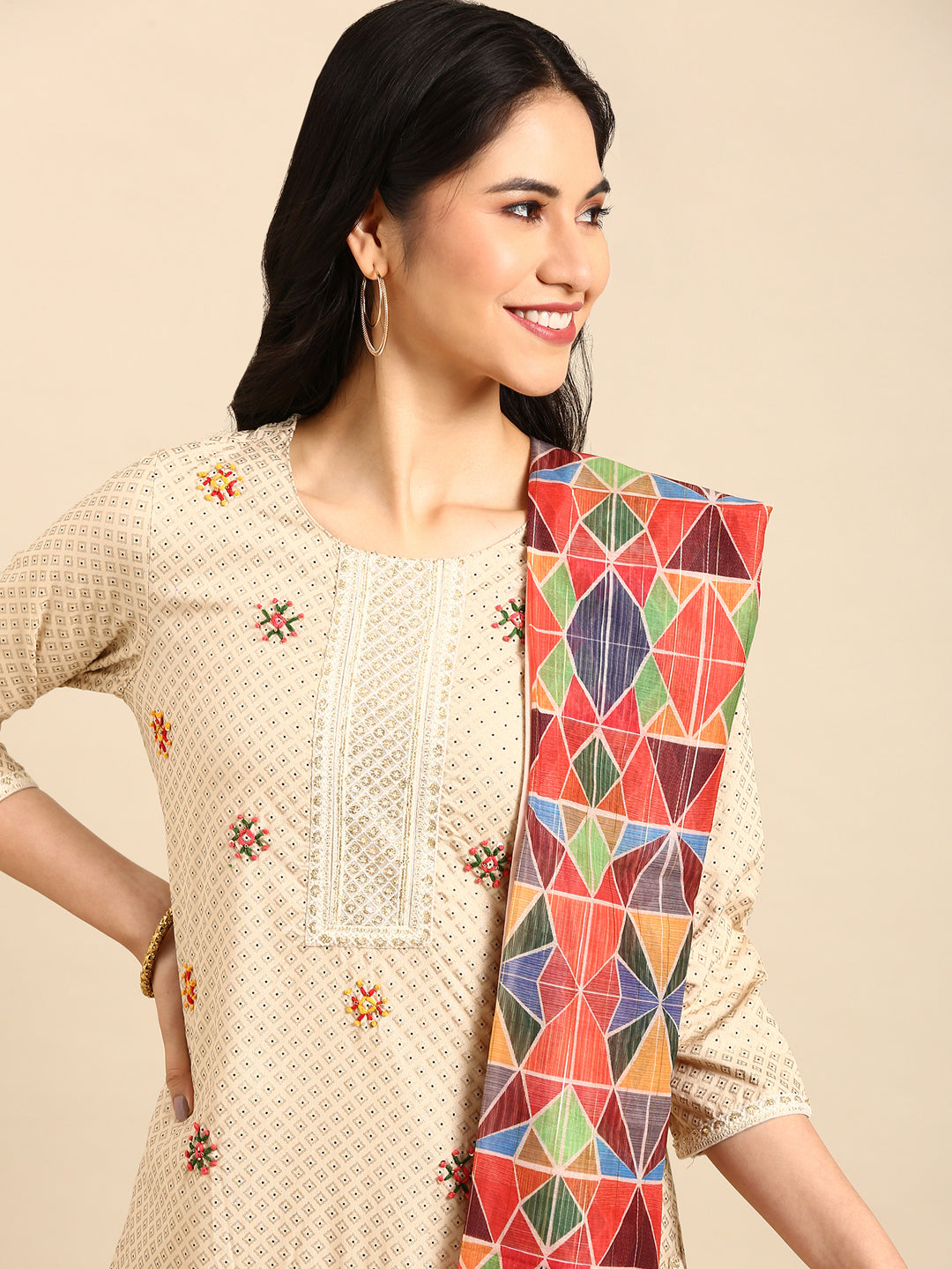 Women's Beige Printed  Kurta Set