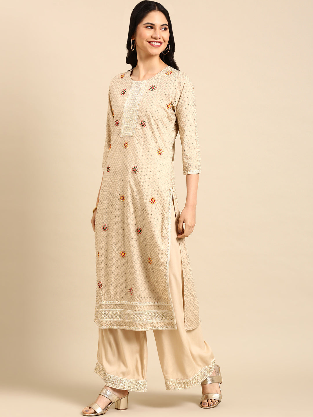 Women's Beige Printed  Kurta Set