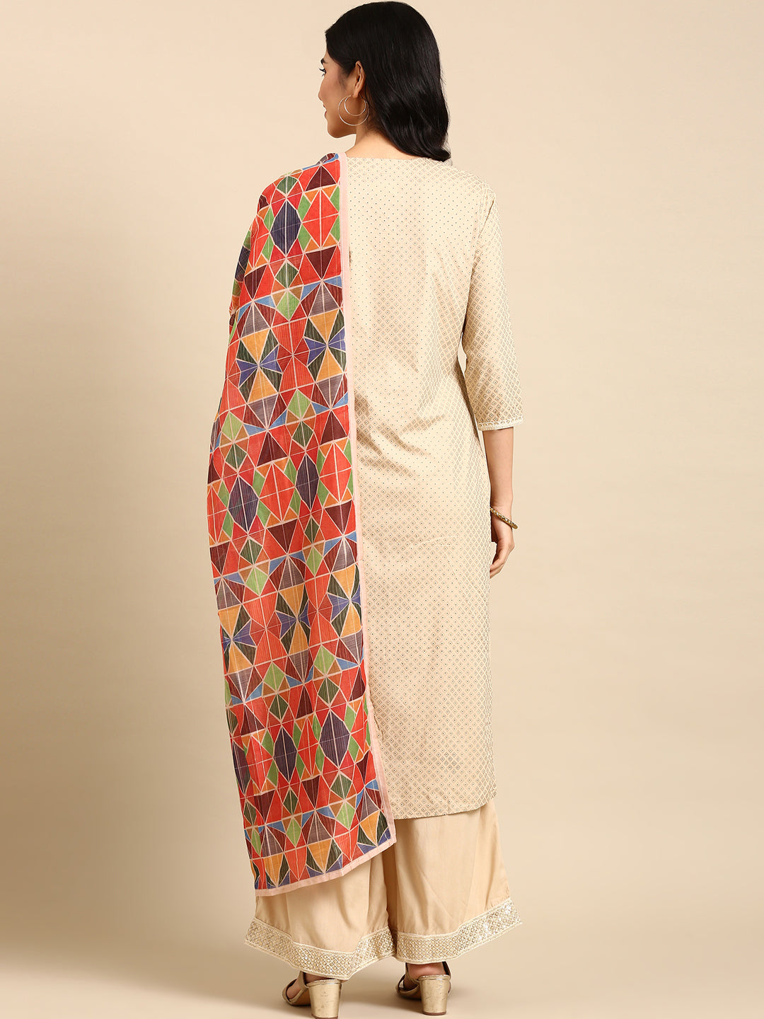 Women's Beige Printed  Kurta Set