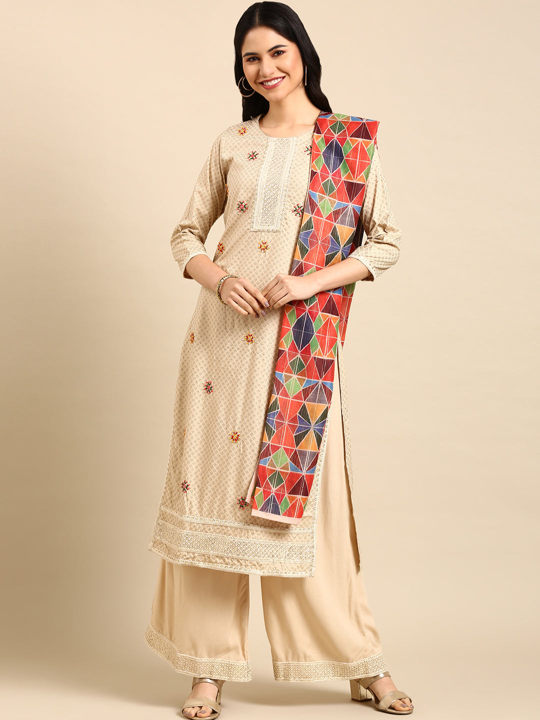 Women's Beige Printed  Kurta Set