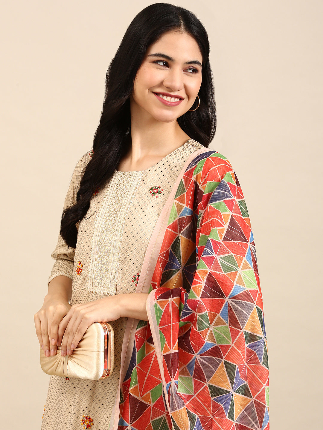 Women's Beige Geometrical Kurta Set