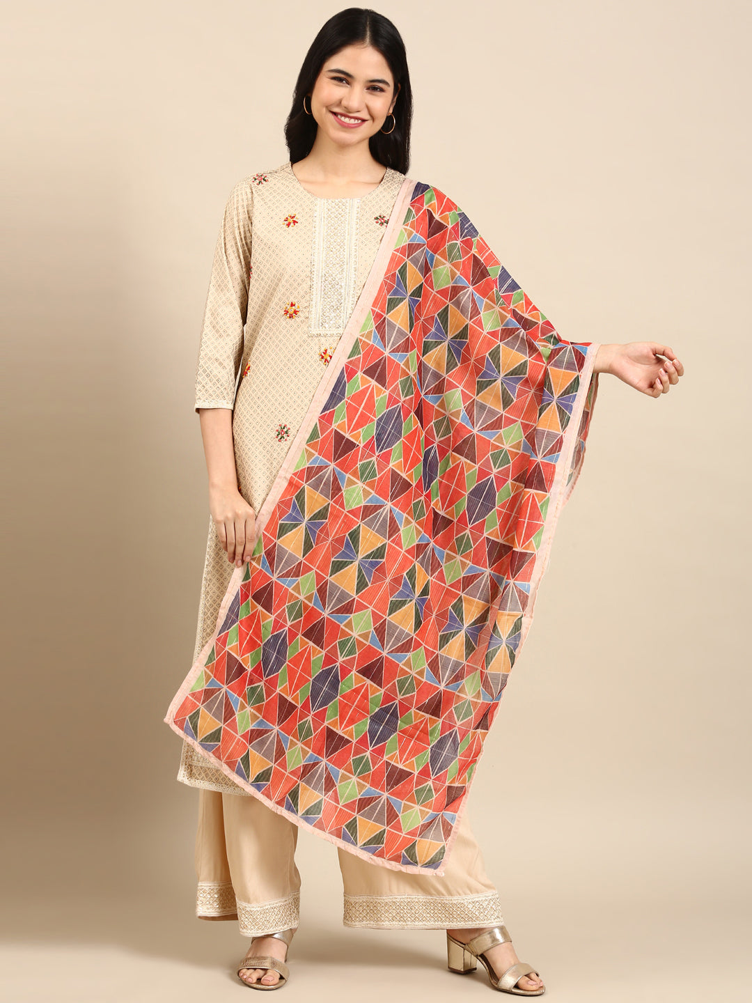 Women's Beige Geometrical Kurta Set