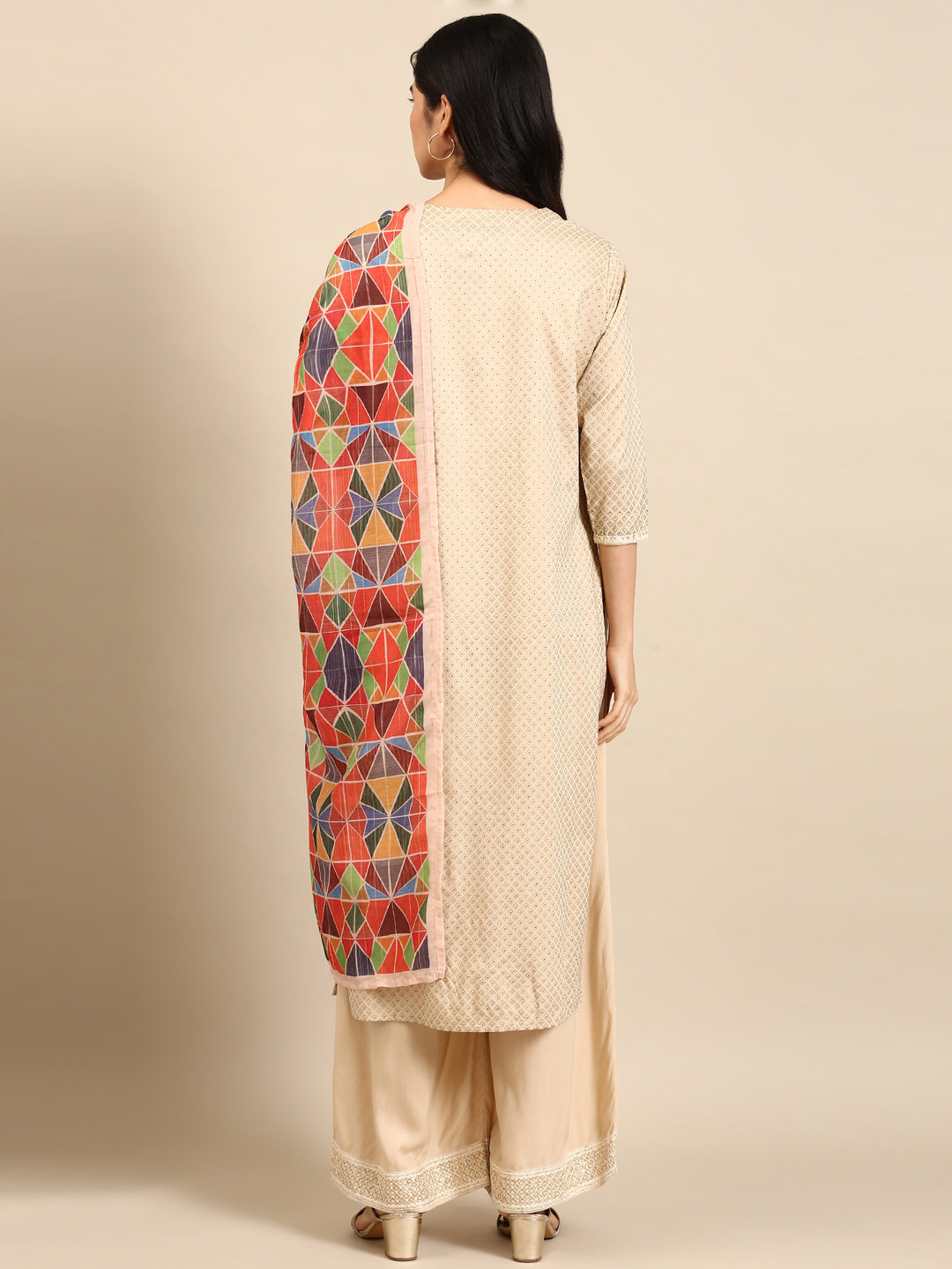 Women's Beige Geometrical Kurta Set