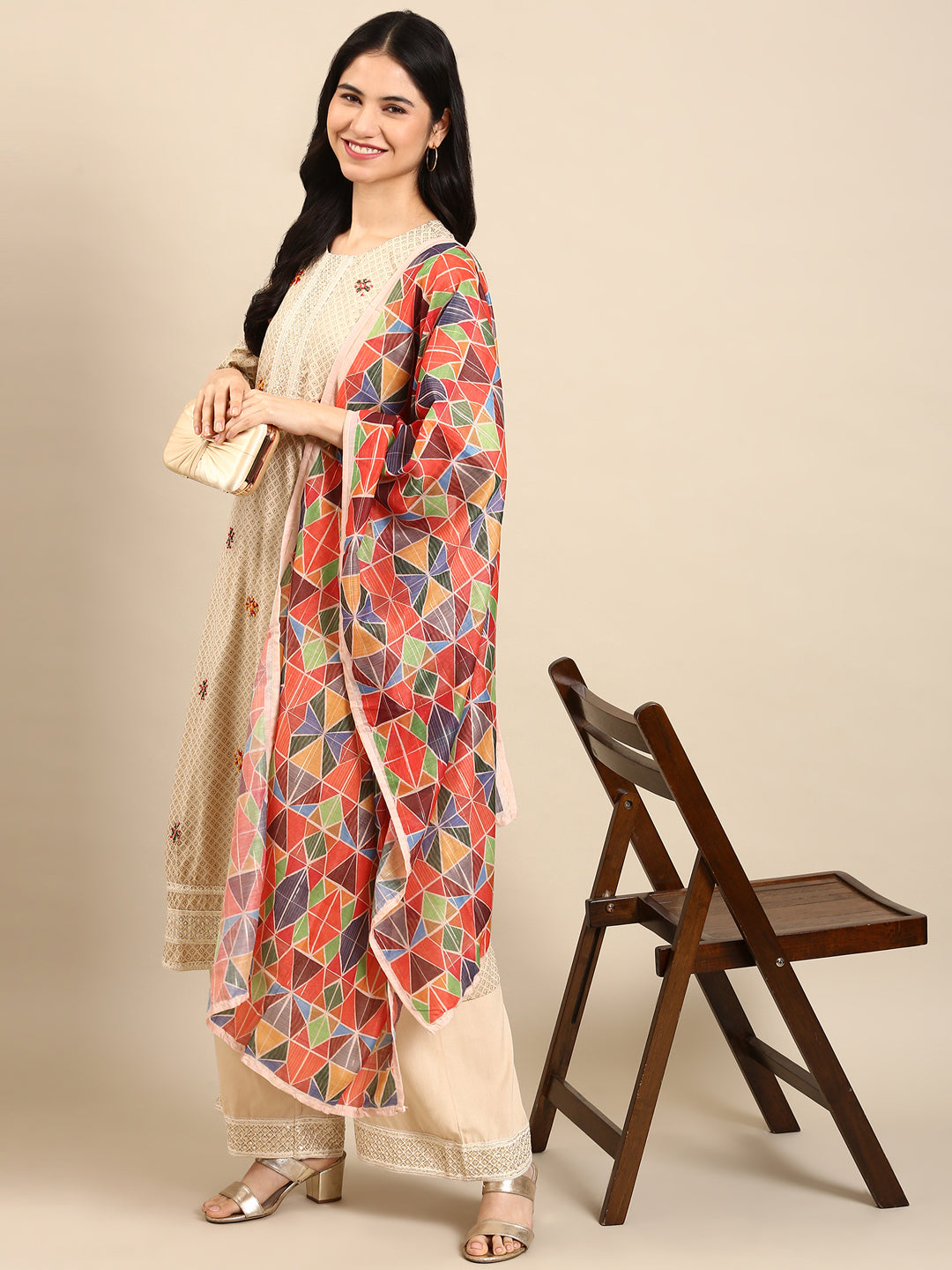 Women's Beige Geometrical Kurta Set