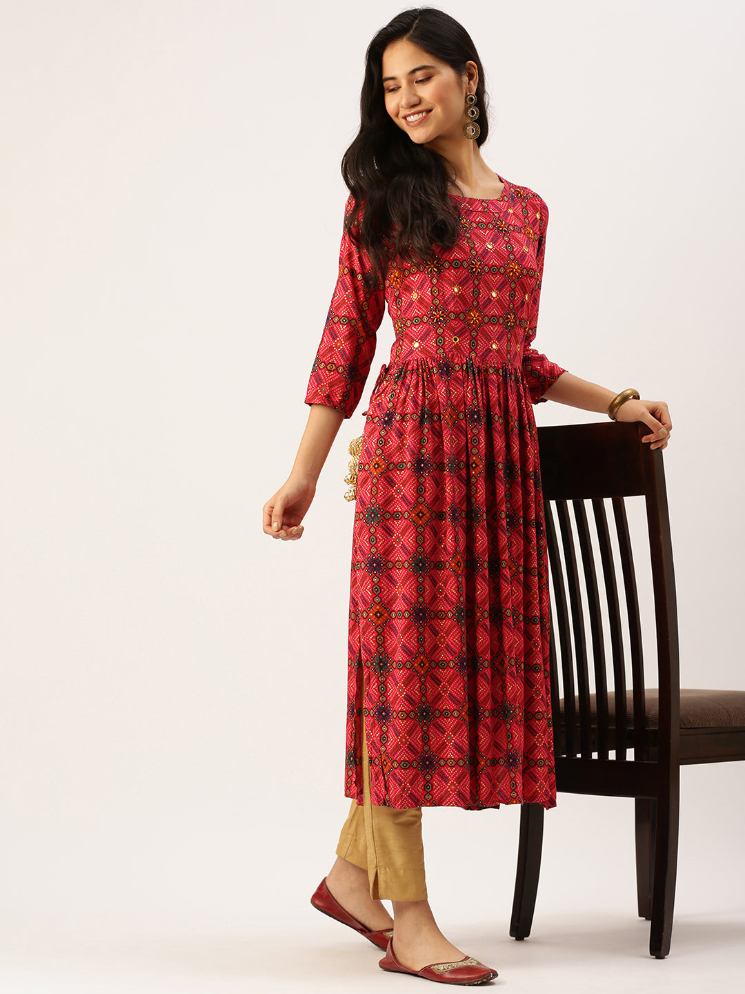 Women's Pink Printed A-Line Kurtas