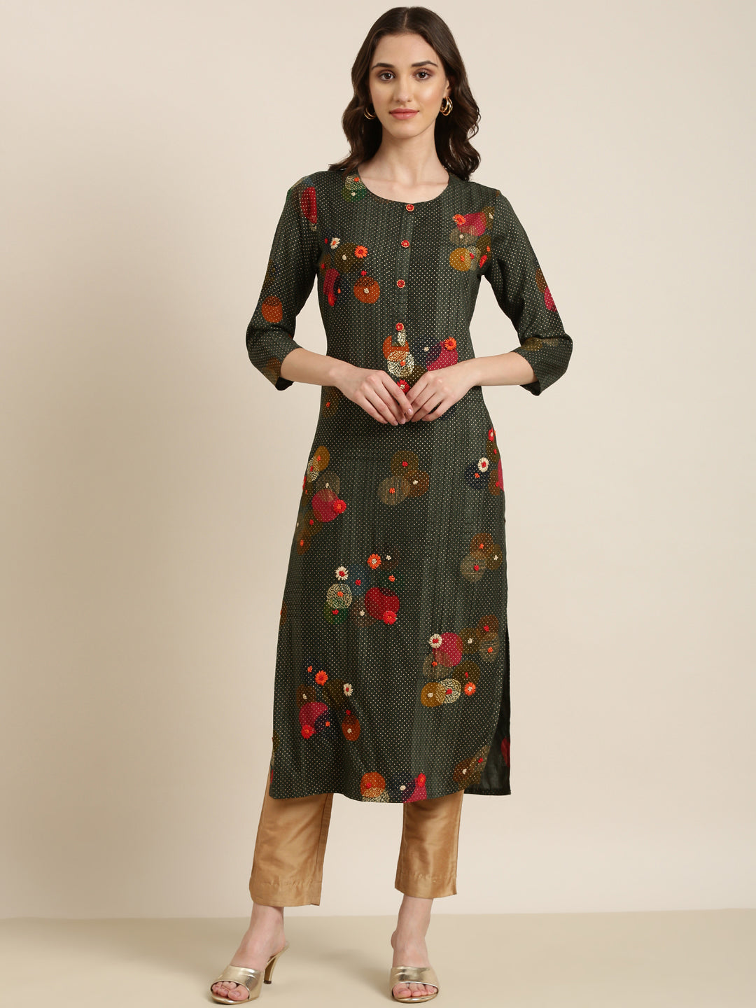 Women Green Floral Straight Kurta