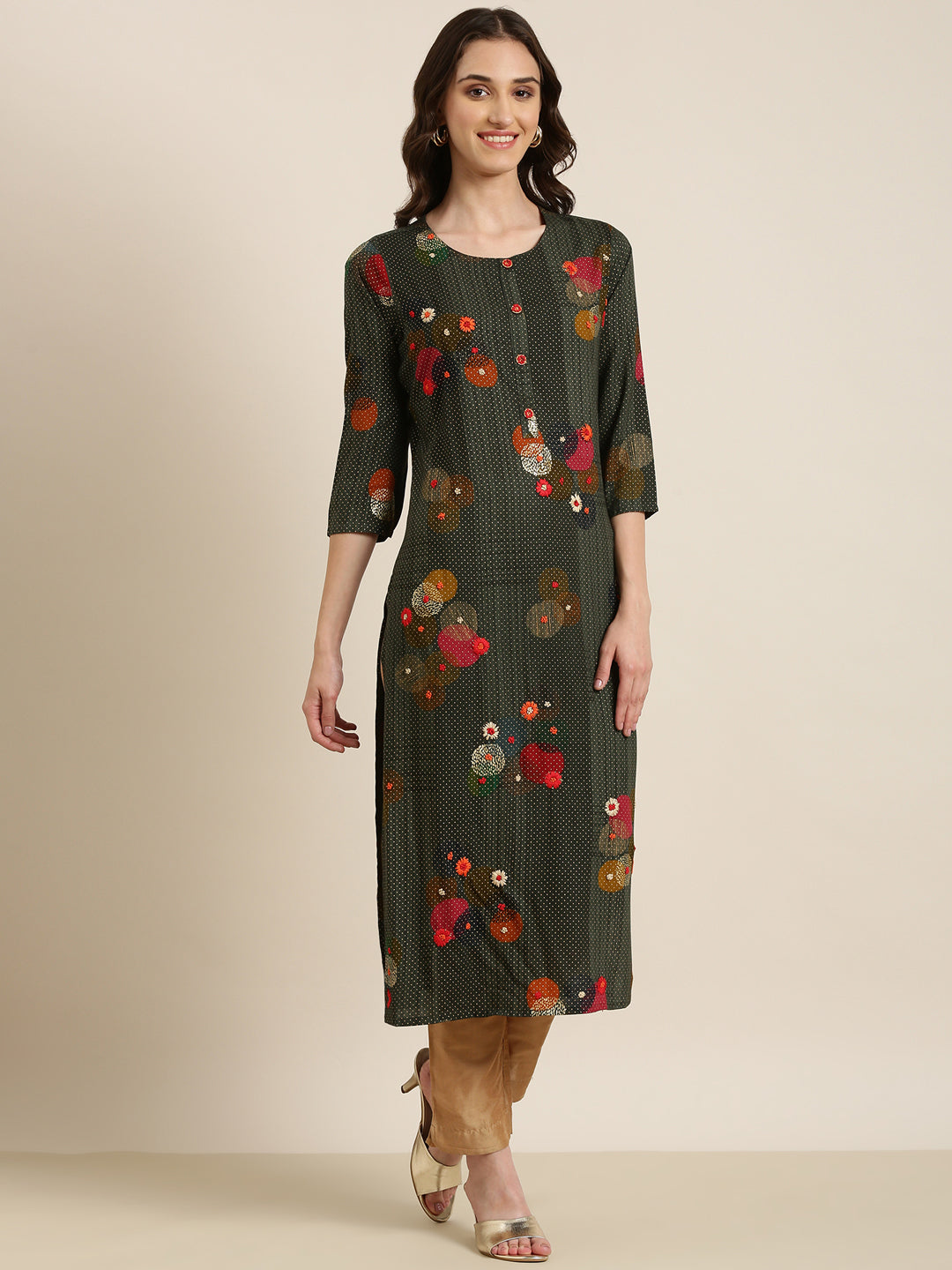 Women Green Floral Straight Kurta