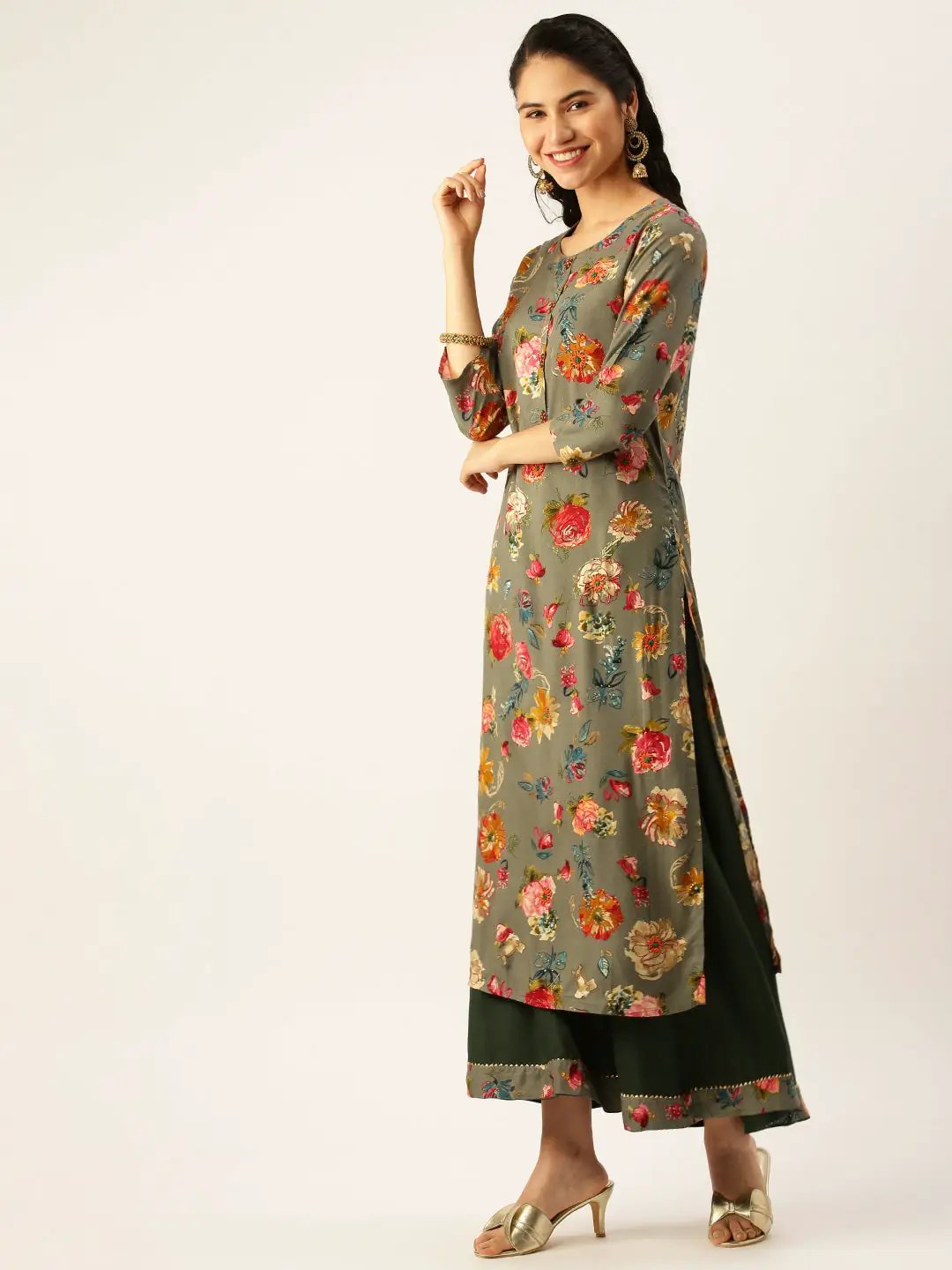 Women's Olive Floral Printed Kurta Set