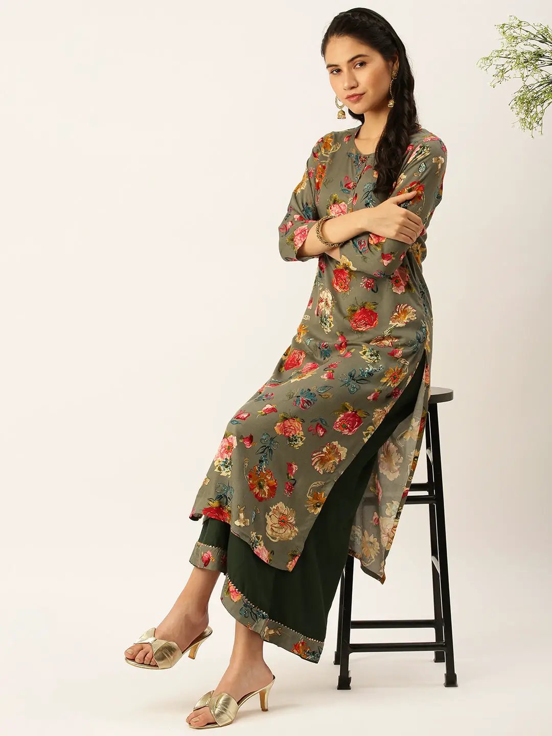 Women's Olive Floral Printed Kurta Set