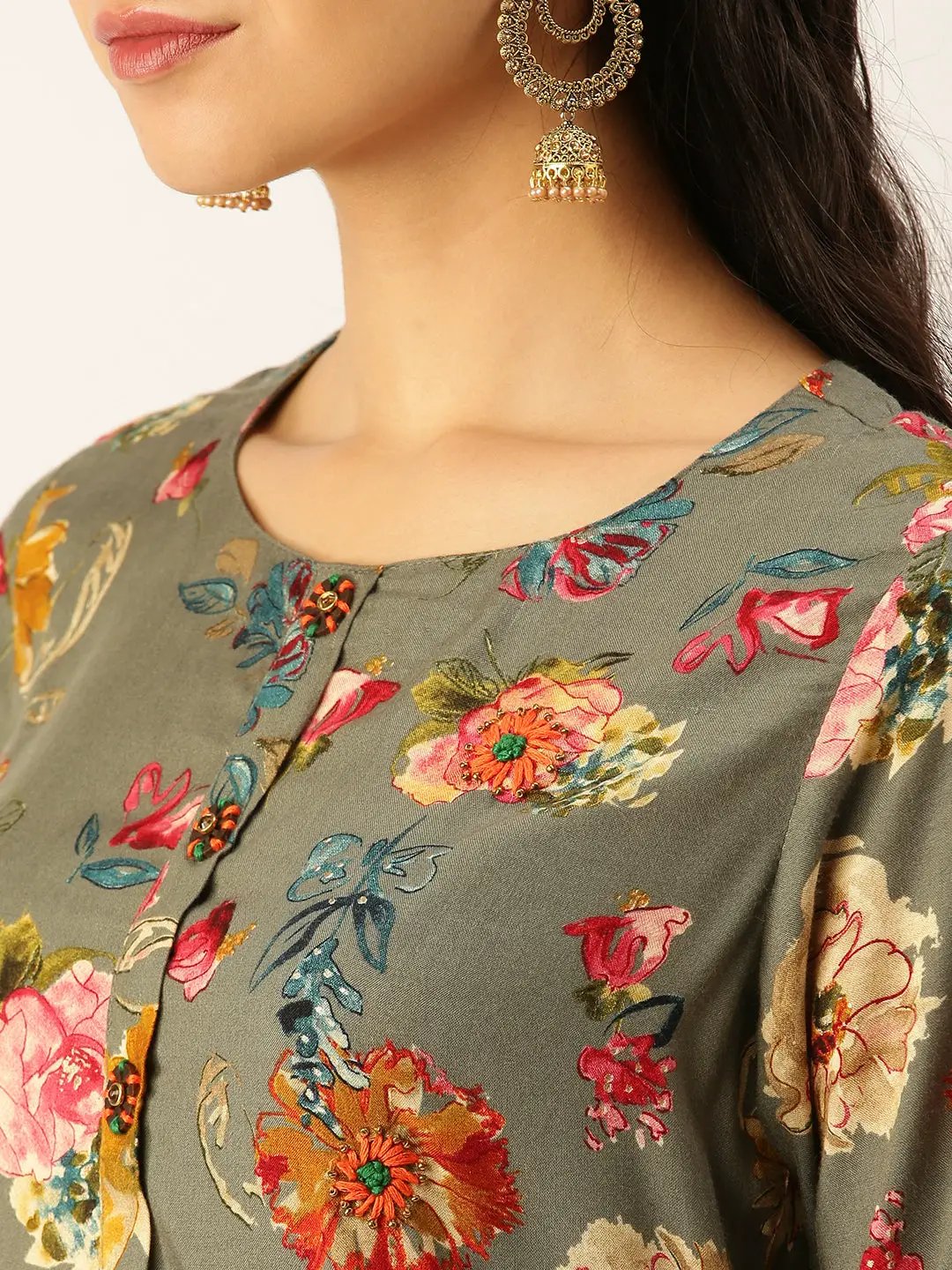 Women's Olive Floral Printed Kurta Set