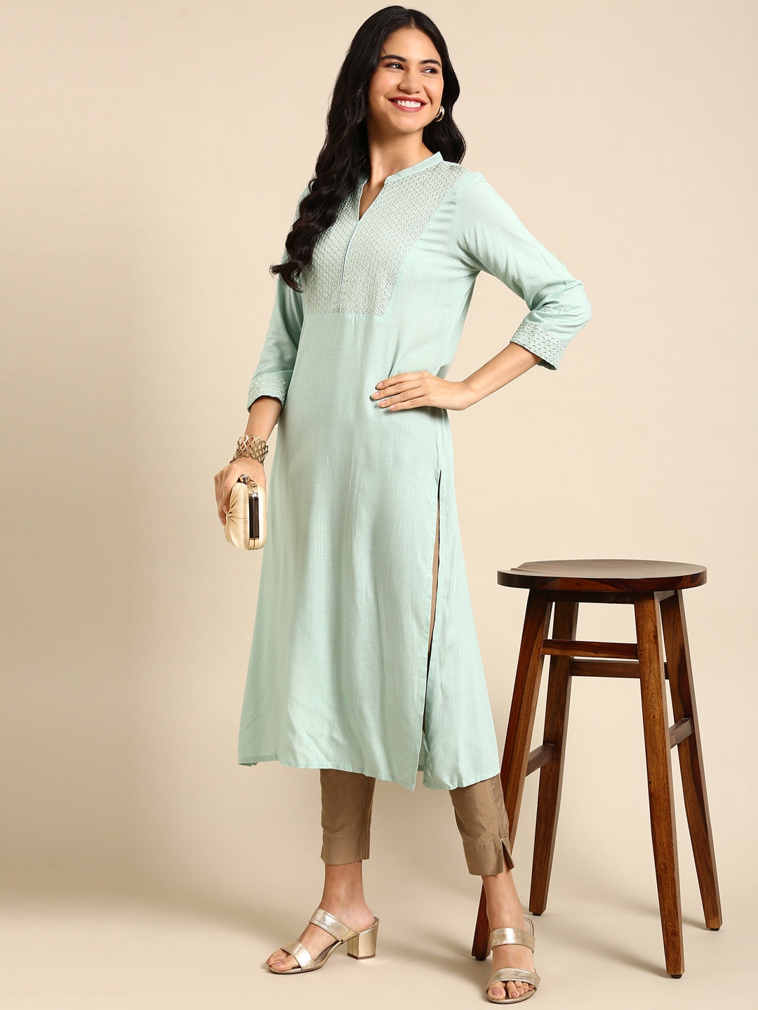 Women's Sea Green Solid Straight Kurta