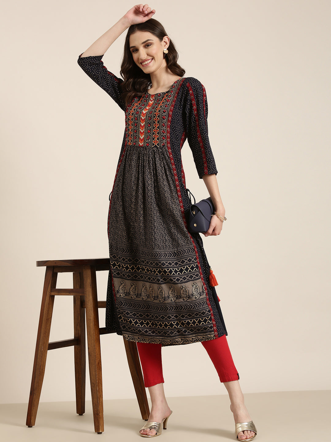 Women Navy Blue Geometrical A-line Kurta