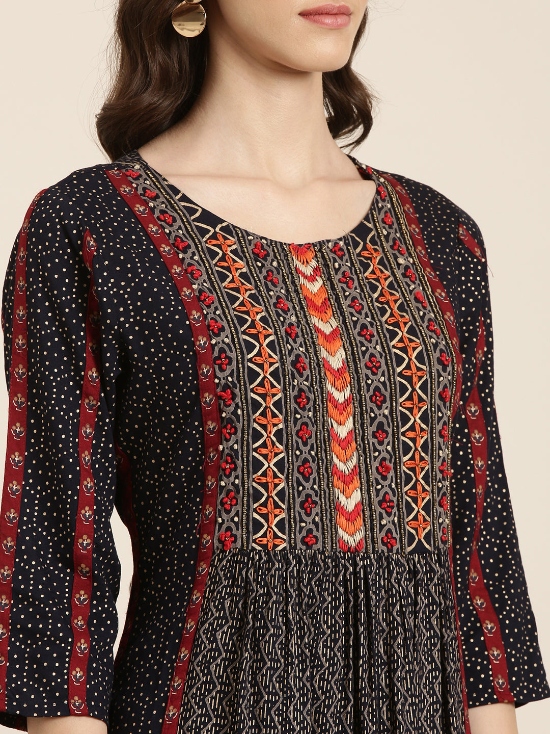 Women Navy Blue Geometrical A-line Kurta