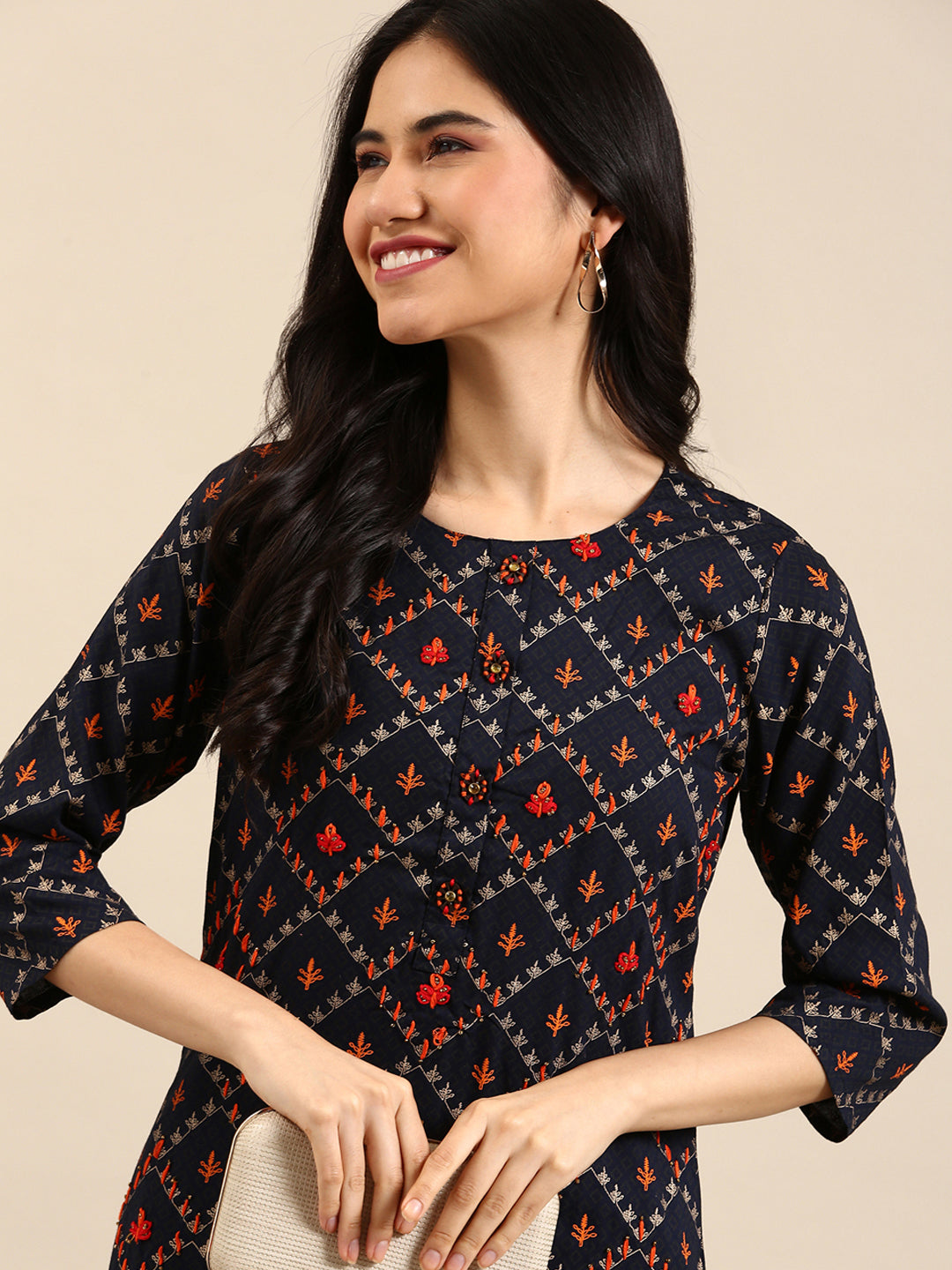 Women's Navy Blue Printed Straight Kurta