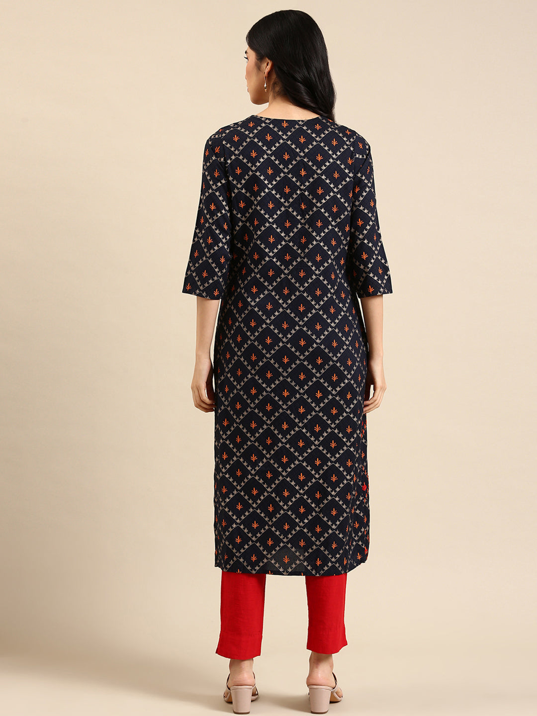 Women's Navy Blue Printed Straight Kurta