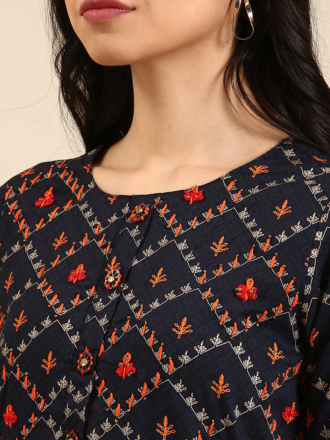 Women's Navy Blue Printed Straight Kurta