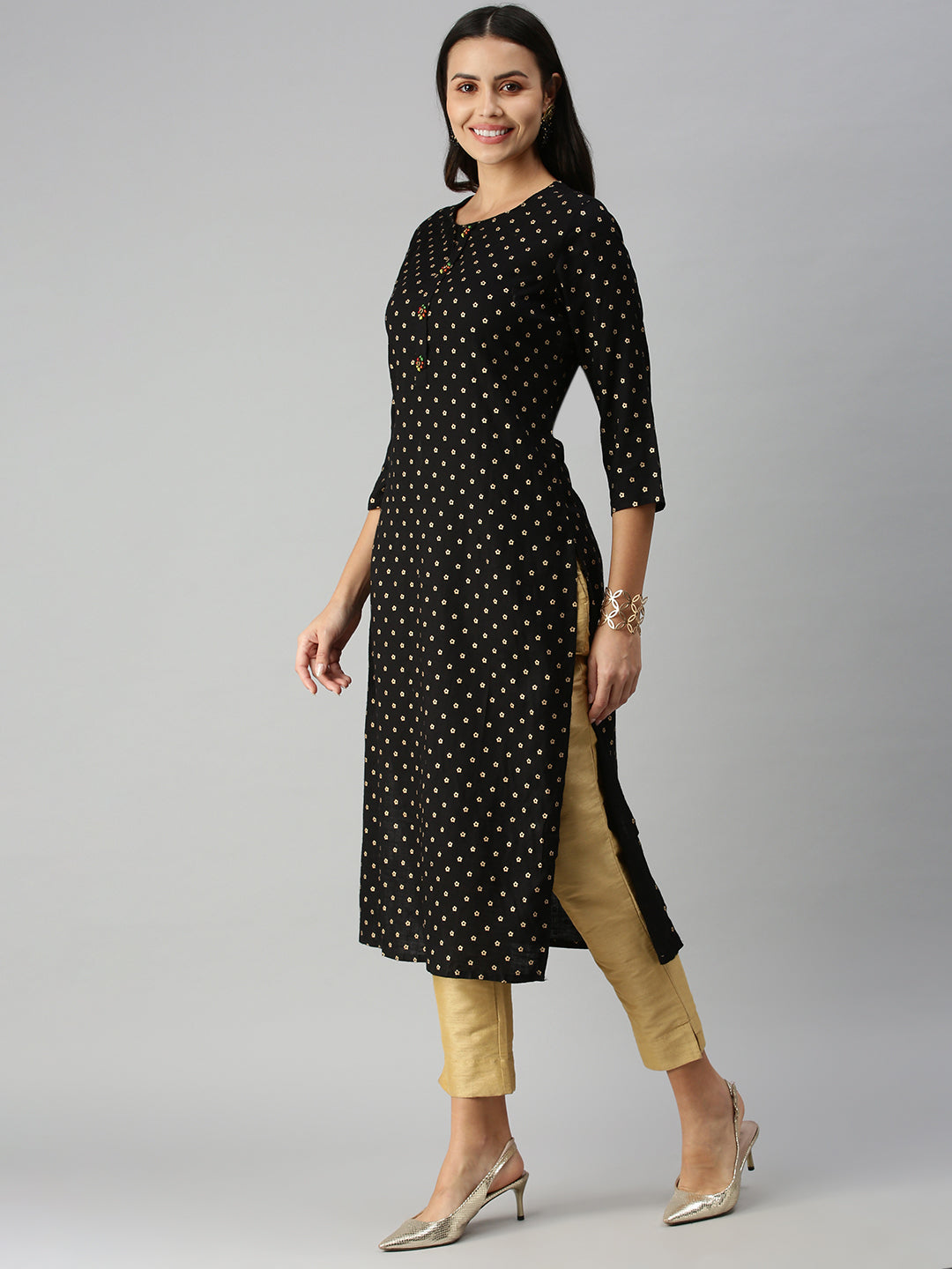 Women's Black Floral Straight Kurta