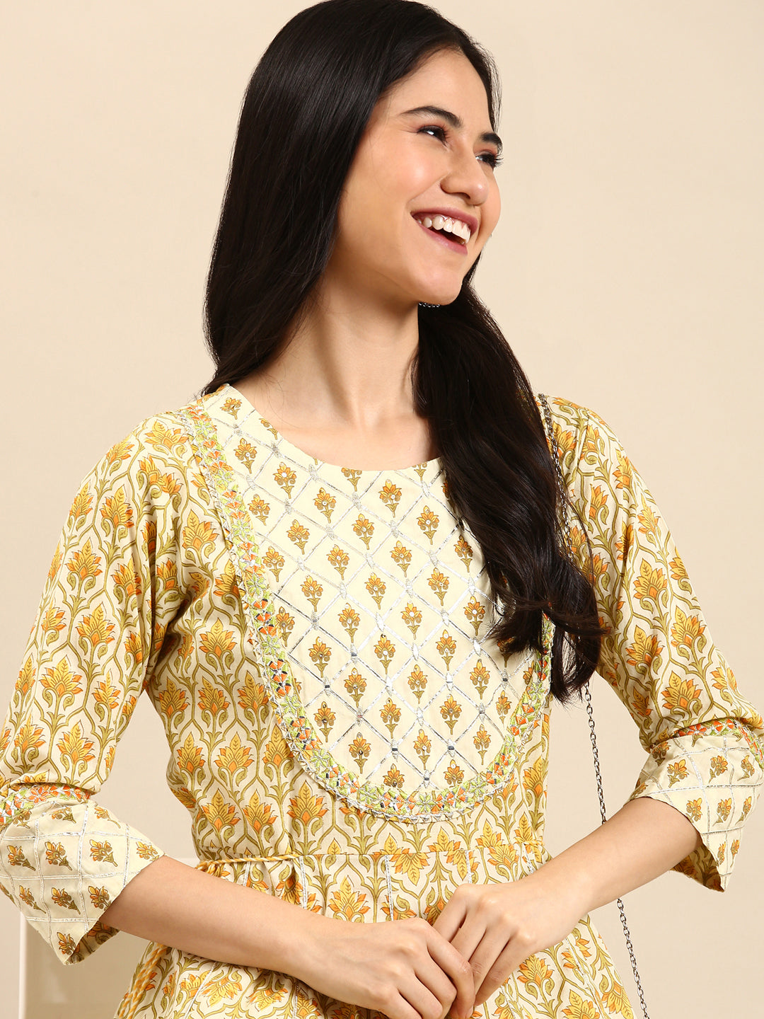 Women's Beige Printed Anarkali Kurta