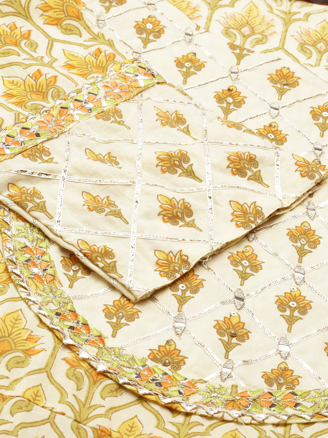 Women's Cream Printed Mirror Work Floral Anarkali Kurta