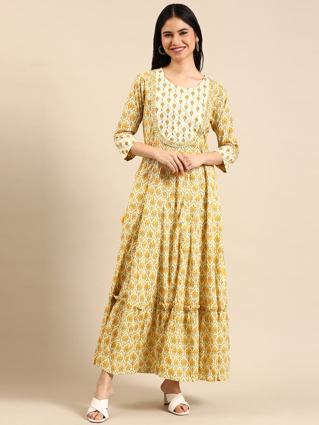 Women's Cream Printed Mirror Work Floral Anarkali Kurta