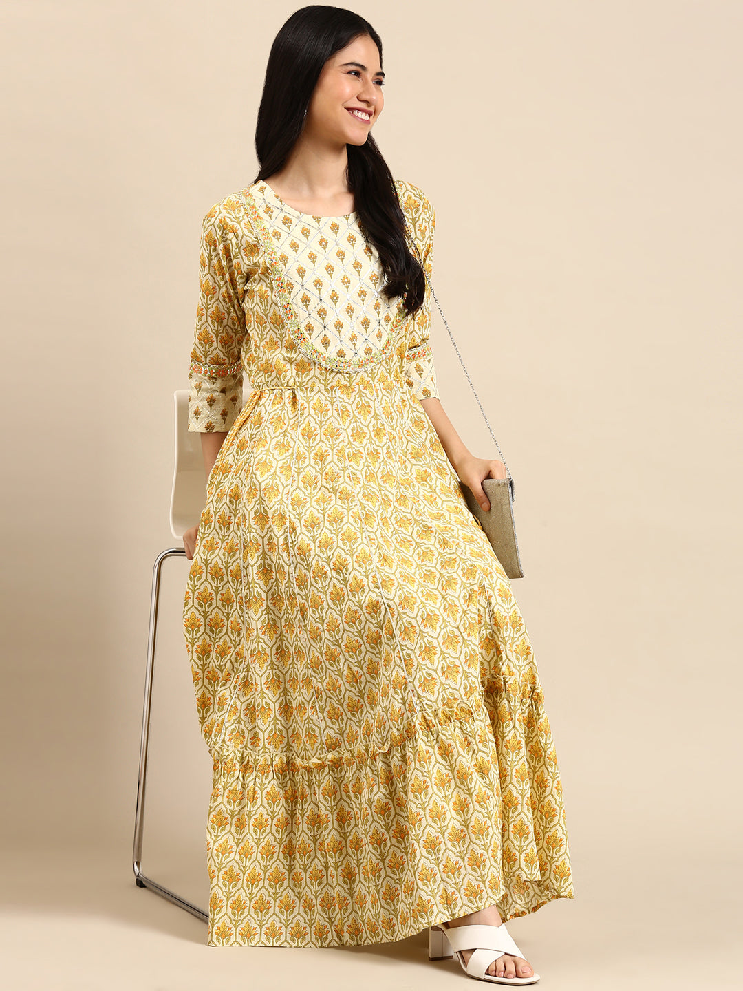 Women's Cream Printed Mirror Work Floral Anarkali Kurta