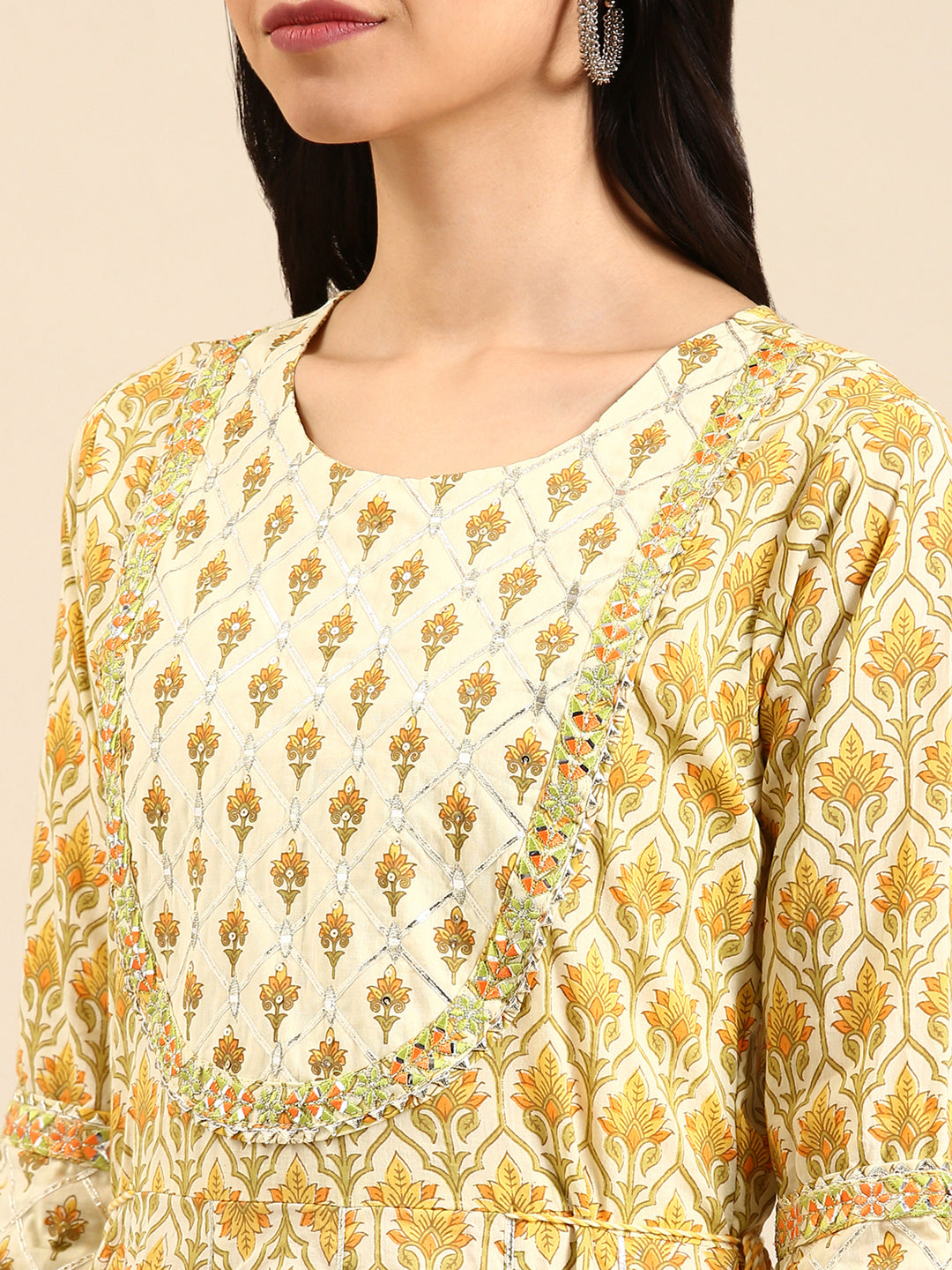 Women's Cream Printed Mirror Work Floral Anarkali Kurta