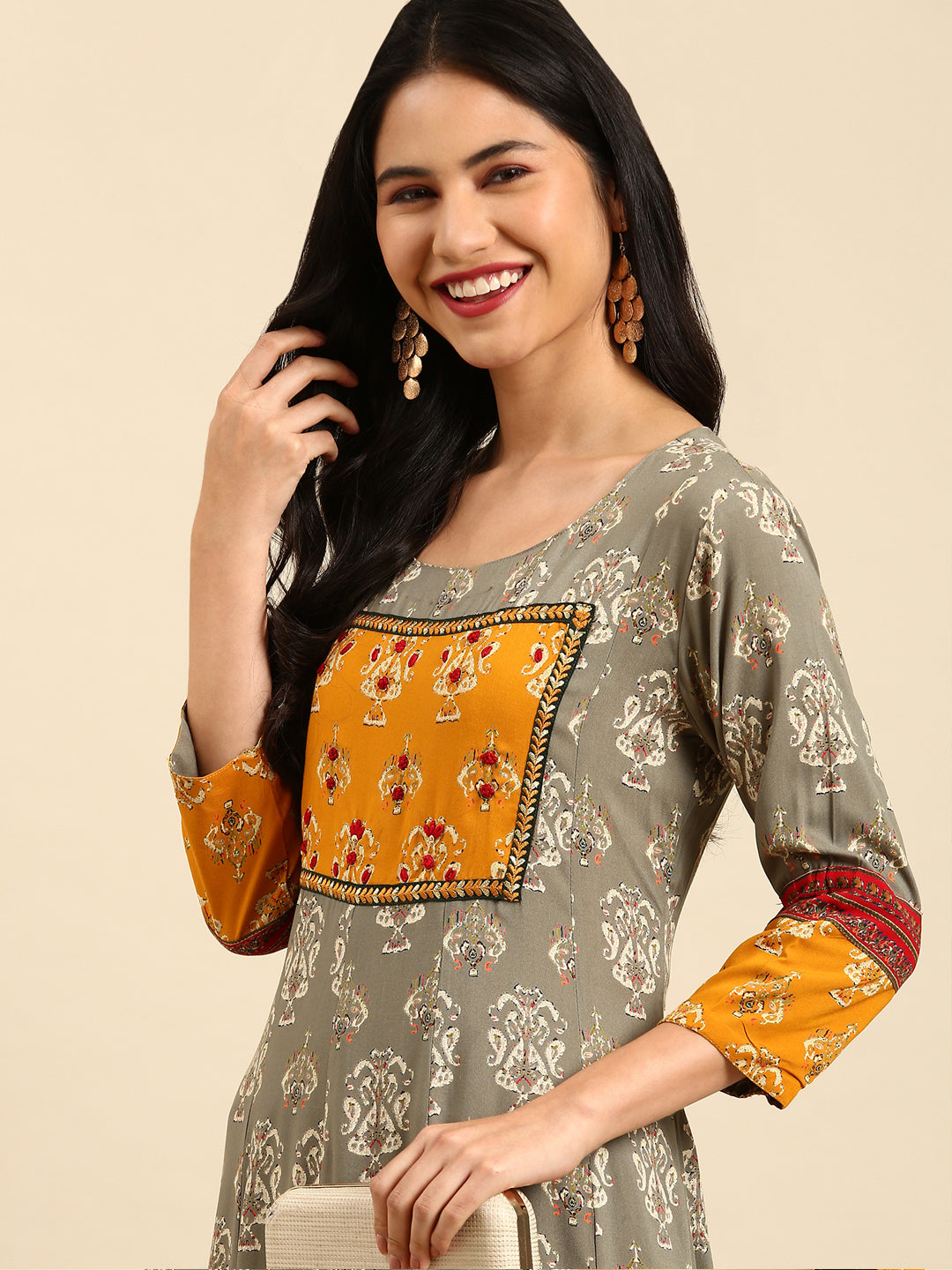 Women's Grey Printed Anarkali Kurta