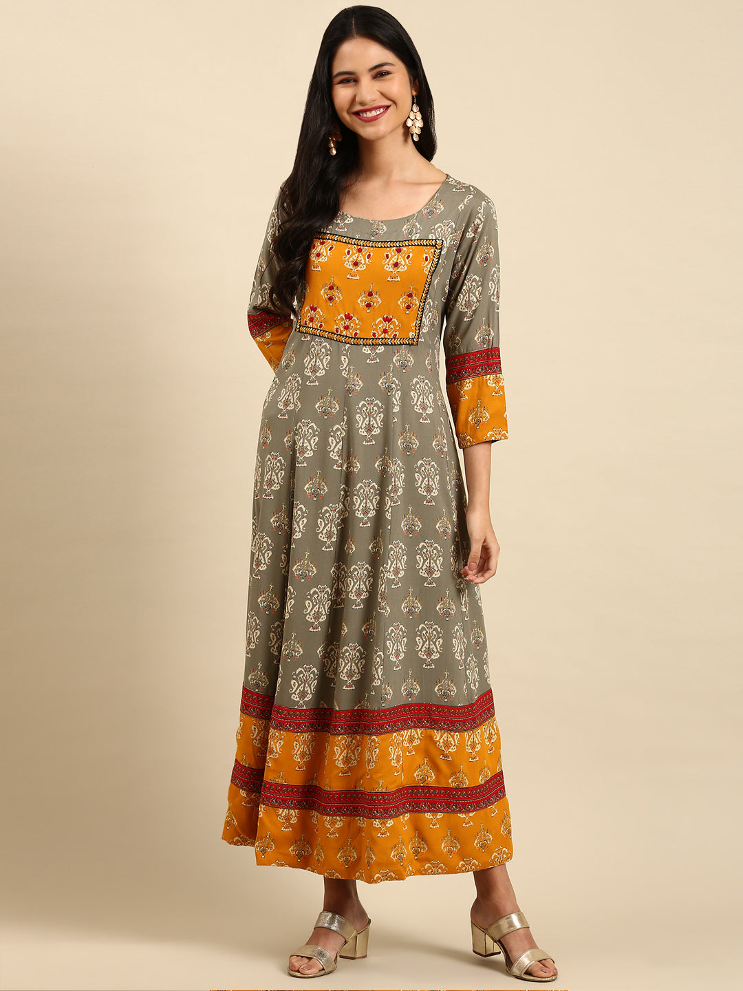 Women's Grey Printed Anarkali Kurta