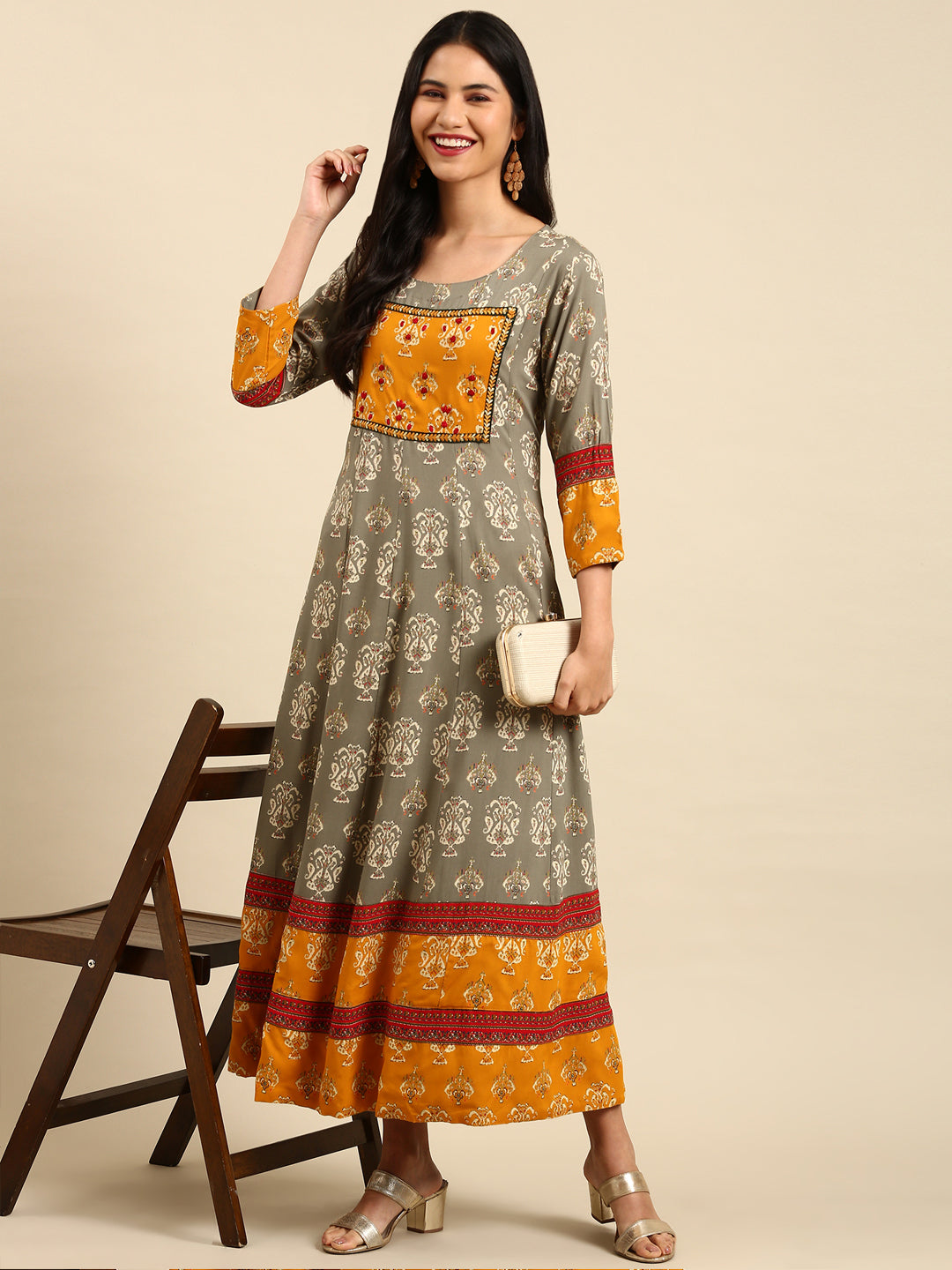 Women's Grey Printed Anarkali Kurta