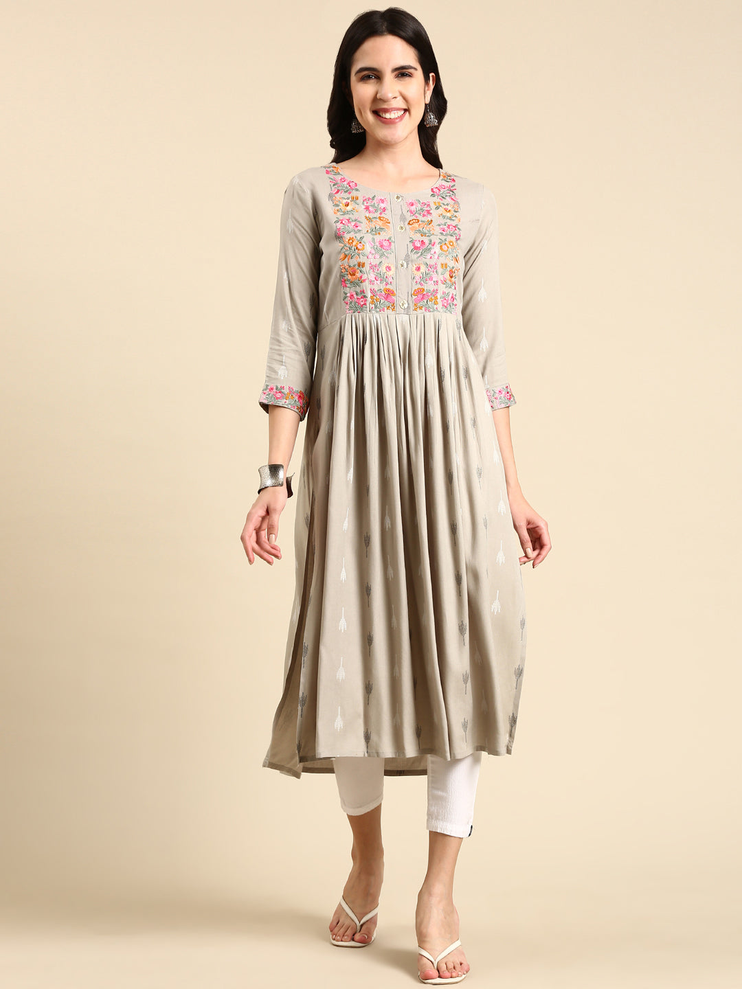 Women's Grey Embroidered Anarkali Kurta