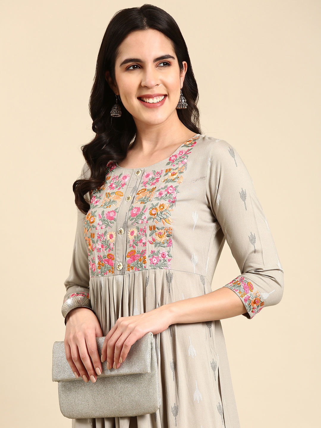 Women's Grey Embroidered Anarkali Kurta