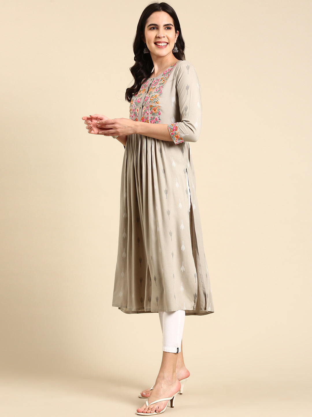 Women's Grey Embroidered Anarkali Kurta
