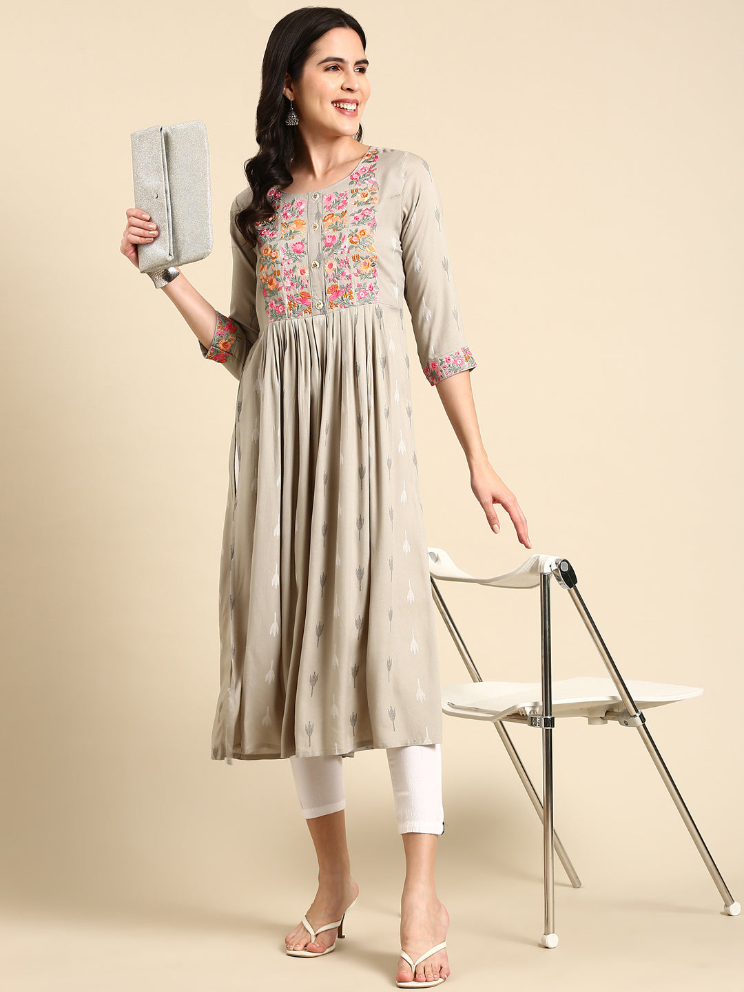 Women's Grey Embroidered Anarkali Kurta