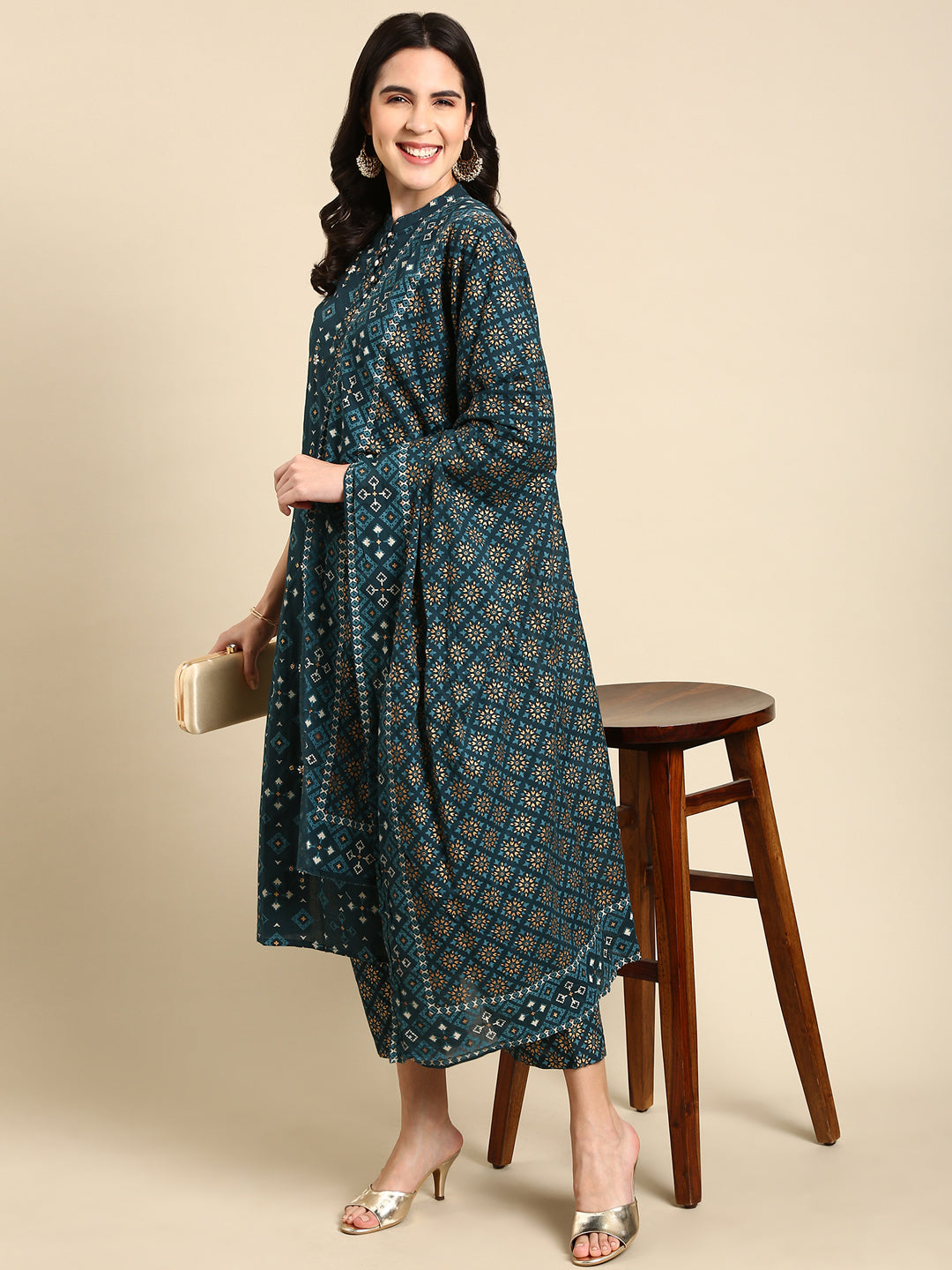 Women's Teal Printed Kurta Set