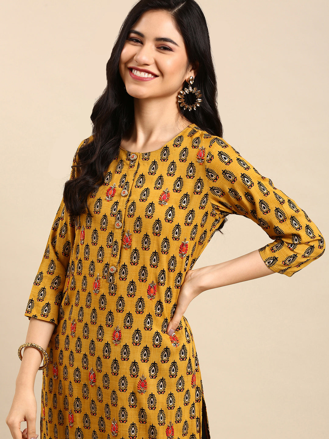 Women's Mustard Printed Kurta Set with Palazzos & Dupatta