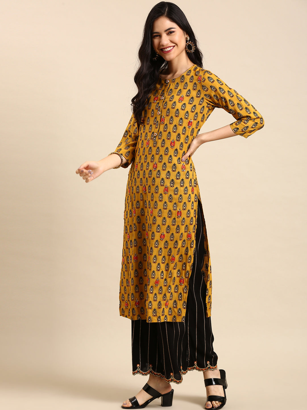 Women's Mustard Printed Kurta Set with Palazzos & Dupatta