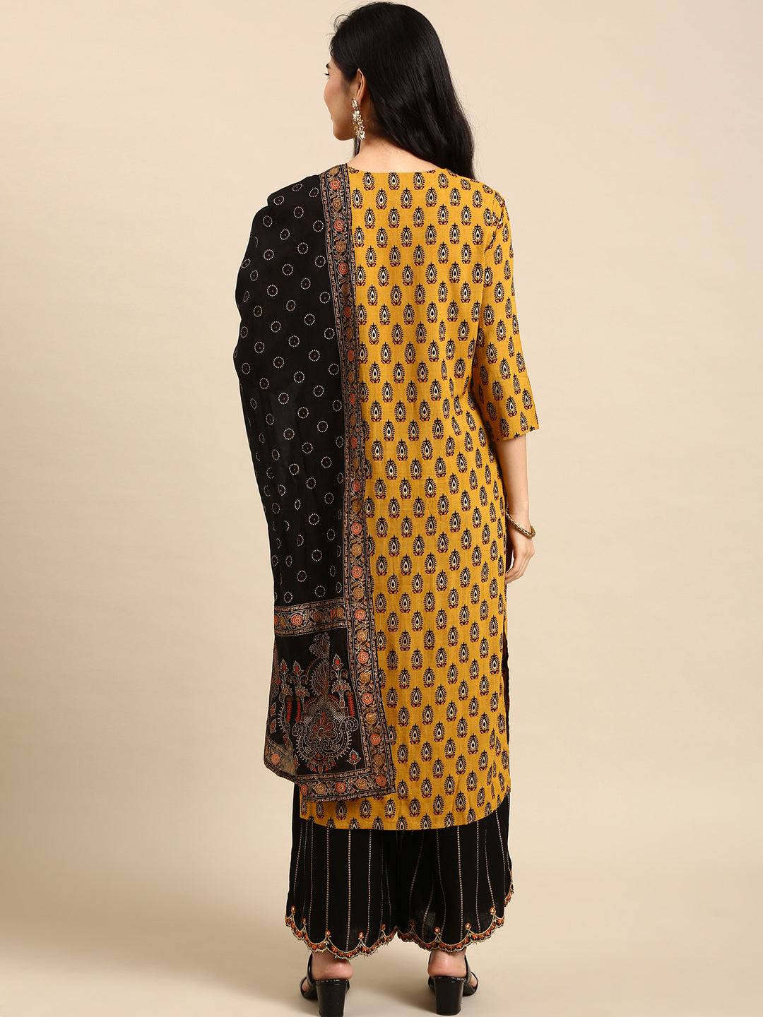Women's Mustard Printed Kurta Set with Palazzos & Dupatta