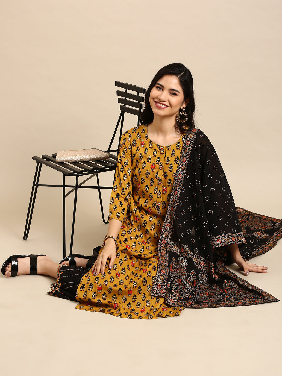 Women's Mustard Printed Kurta Set with Palazzos & Dupatta