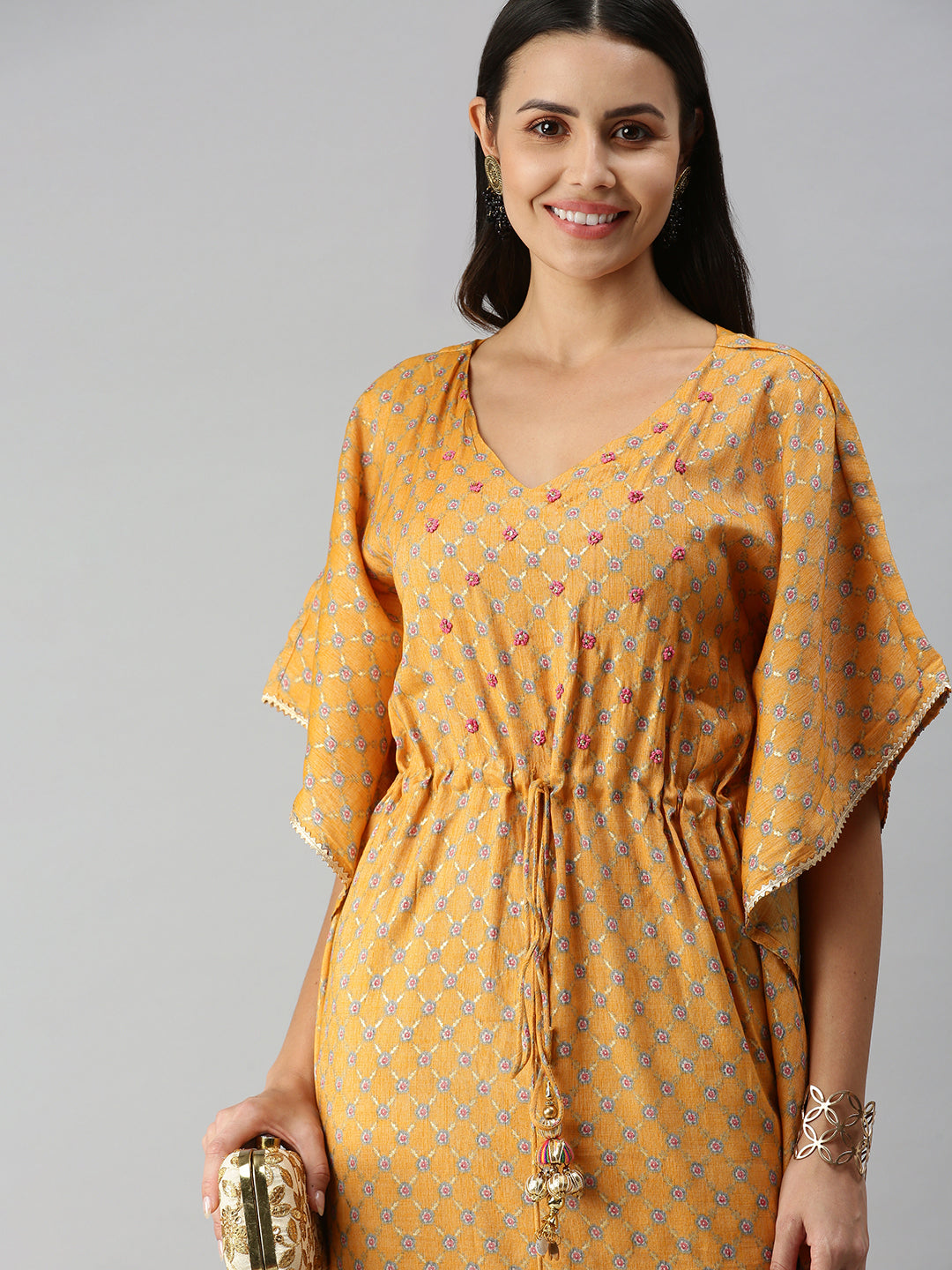 Women's MustardMulti Floral Kaftan Kurta