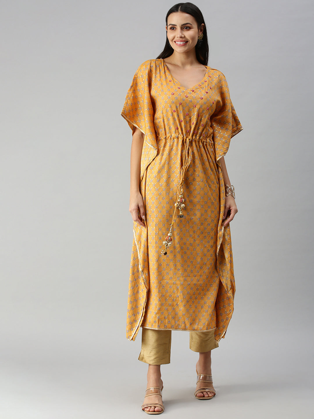 Women's MustardMulti Floral Kaftan Kurta