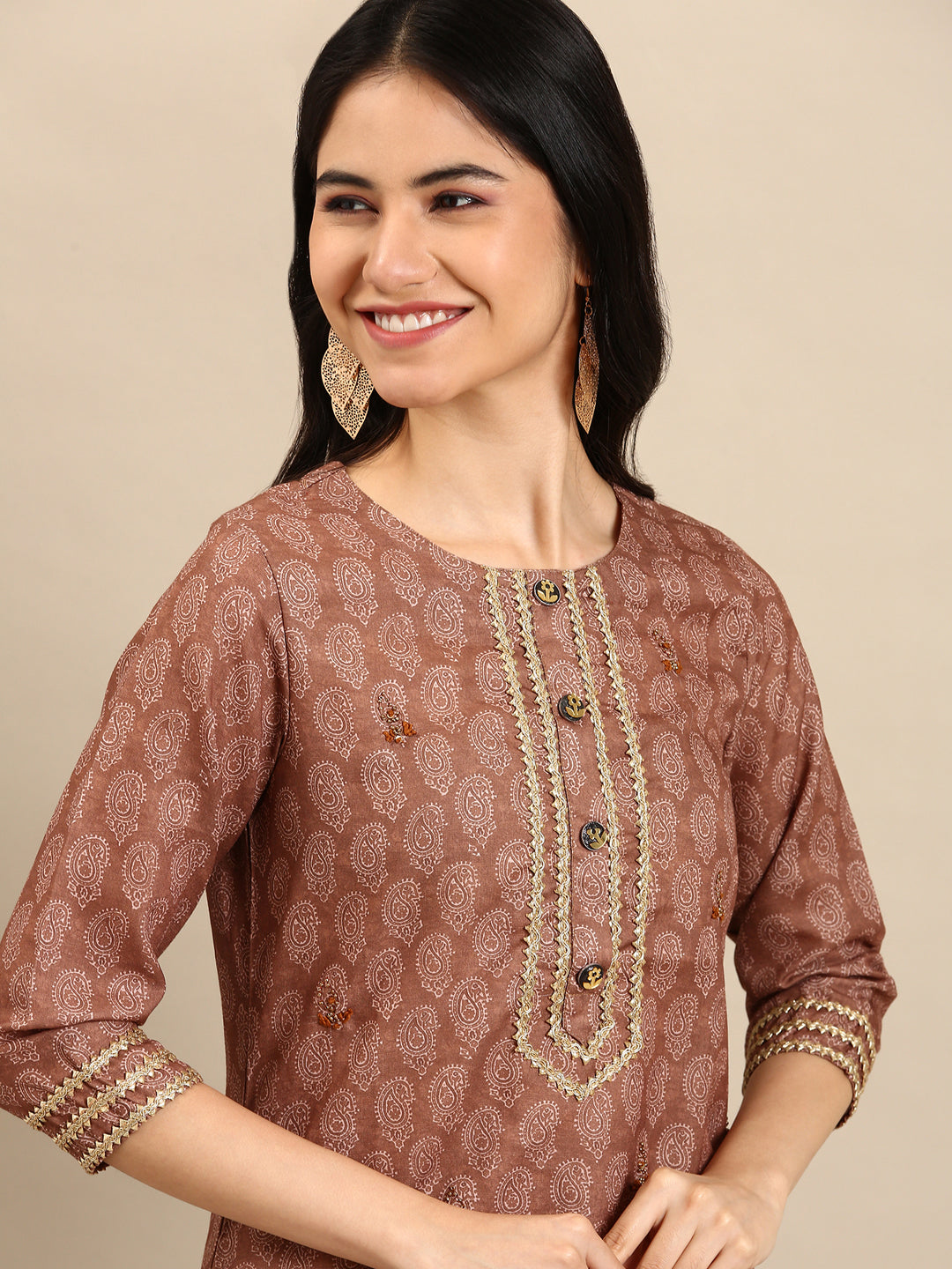 Women's Brown Printed Straight Kurta