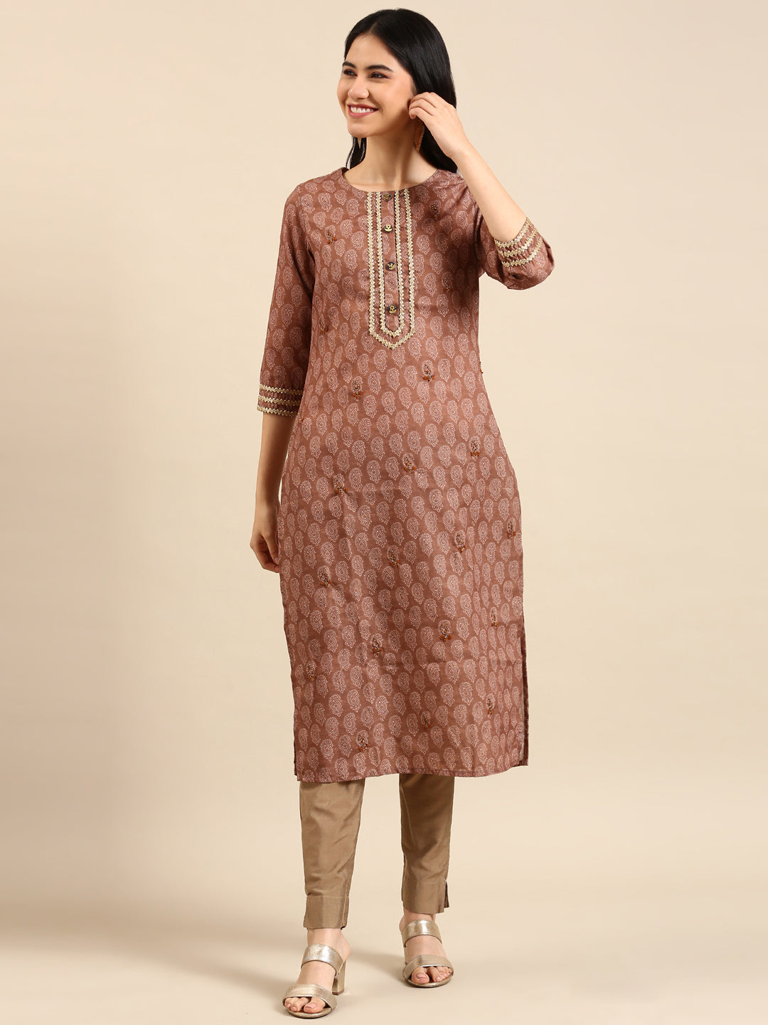 Women's Brown Printed Straight Kurta