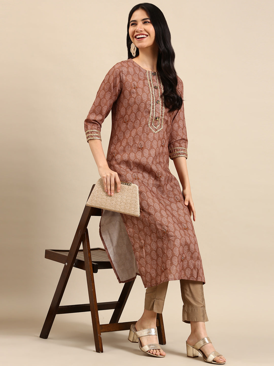 Women's Brown Printed Straight Kurta