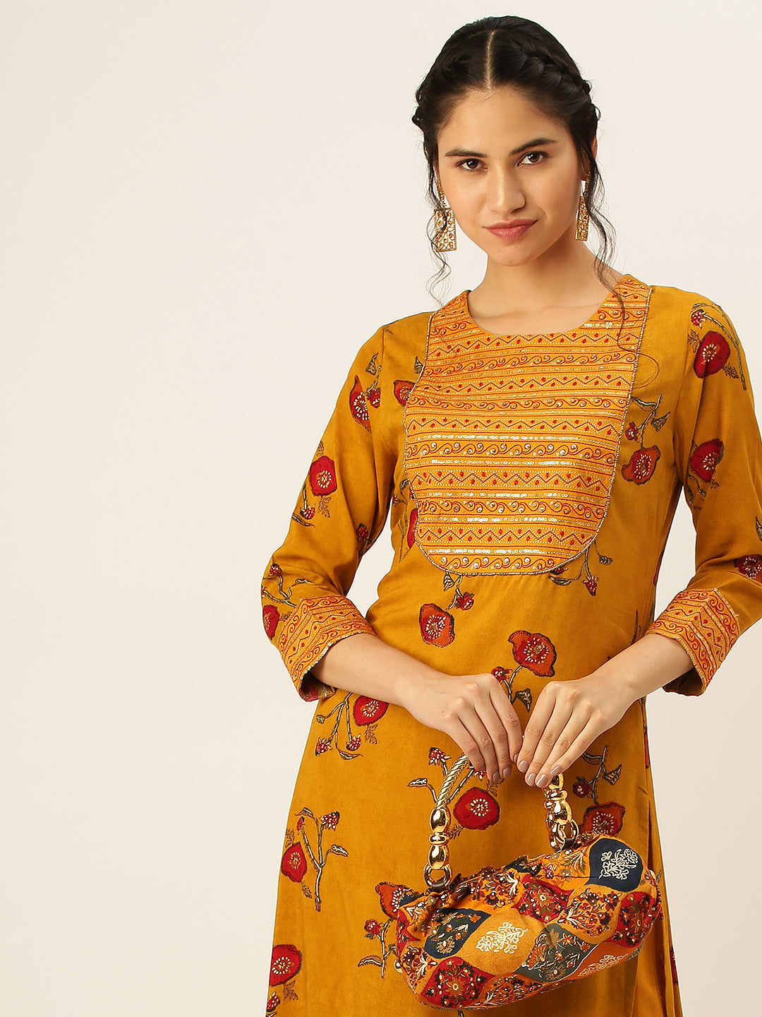 Women's Mustard Printed Sequinned Kurta Set with Palazzos
