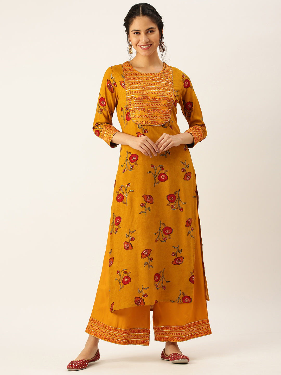 Women's Mustard Printed Sequinned Kurta Set with Palazzos