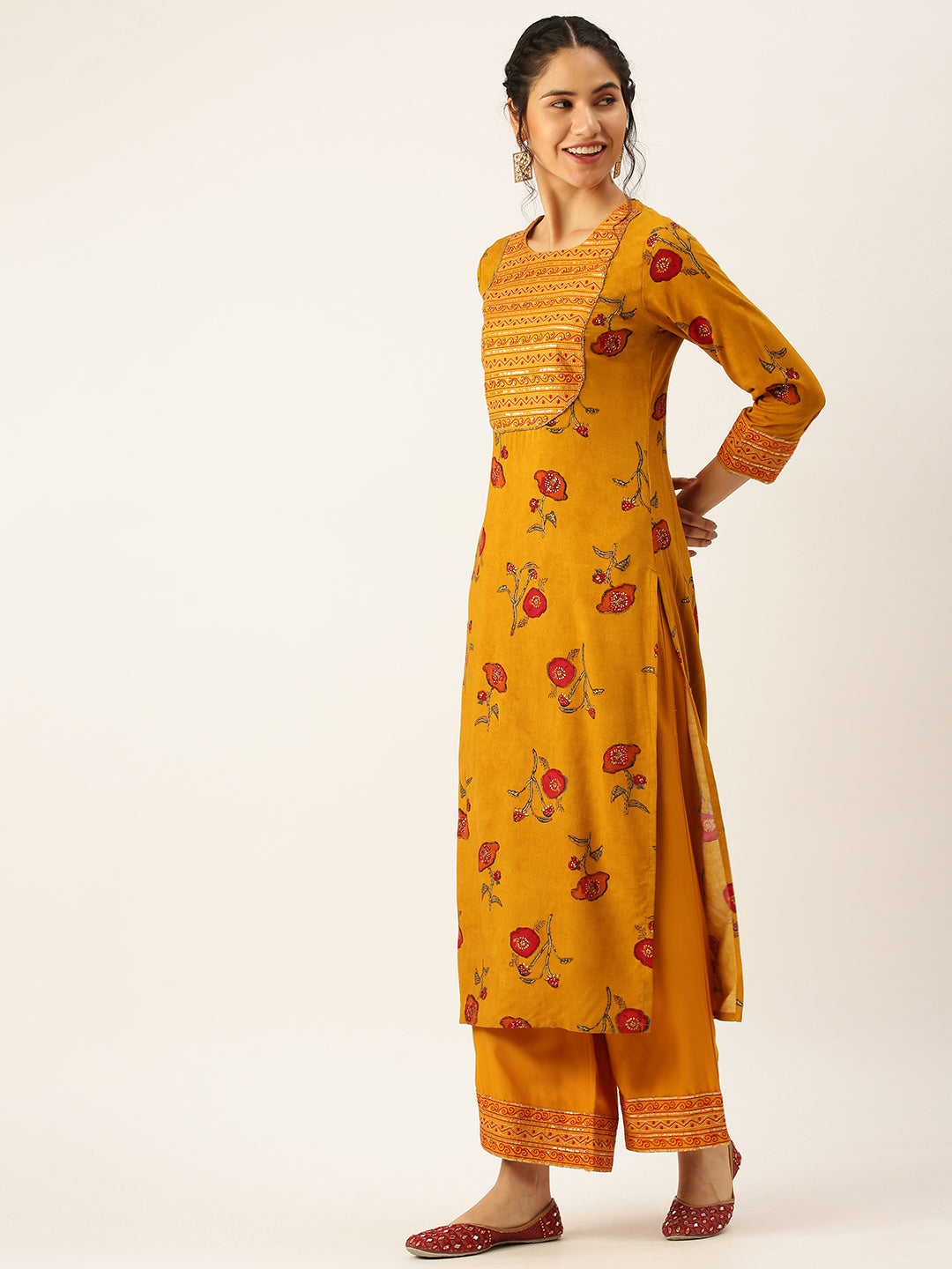 Women's Mustard Printed Sequinned Kurta Set with Palazzos
