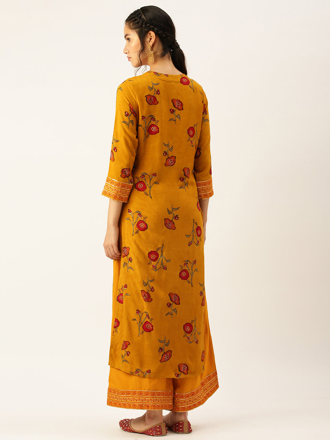 Women's Mustard Printed Sequinned Kurta Set with Palazzos