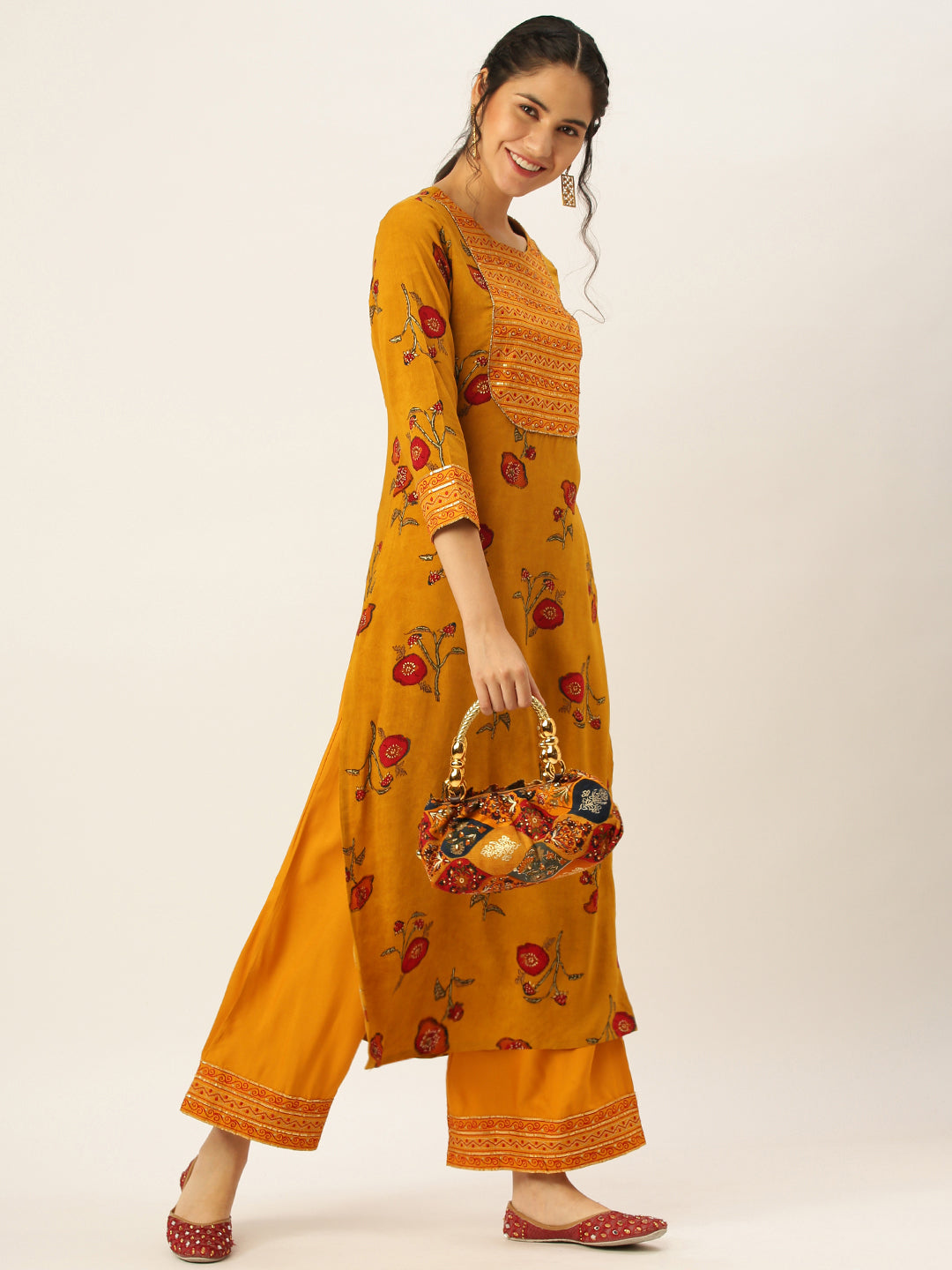 Women's Mustard Printed Sequinned Kurta Set with Palazzos