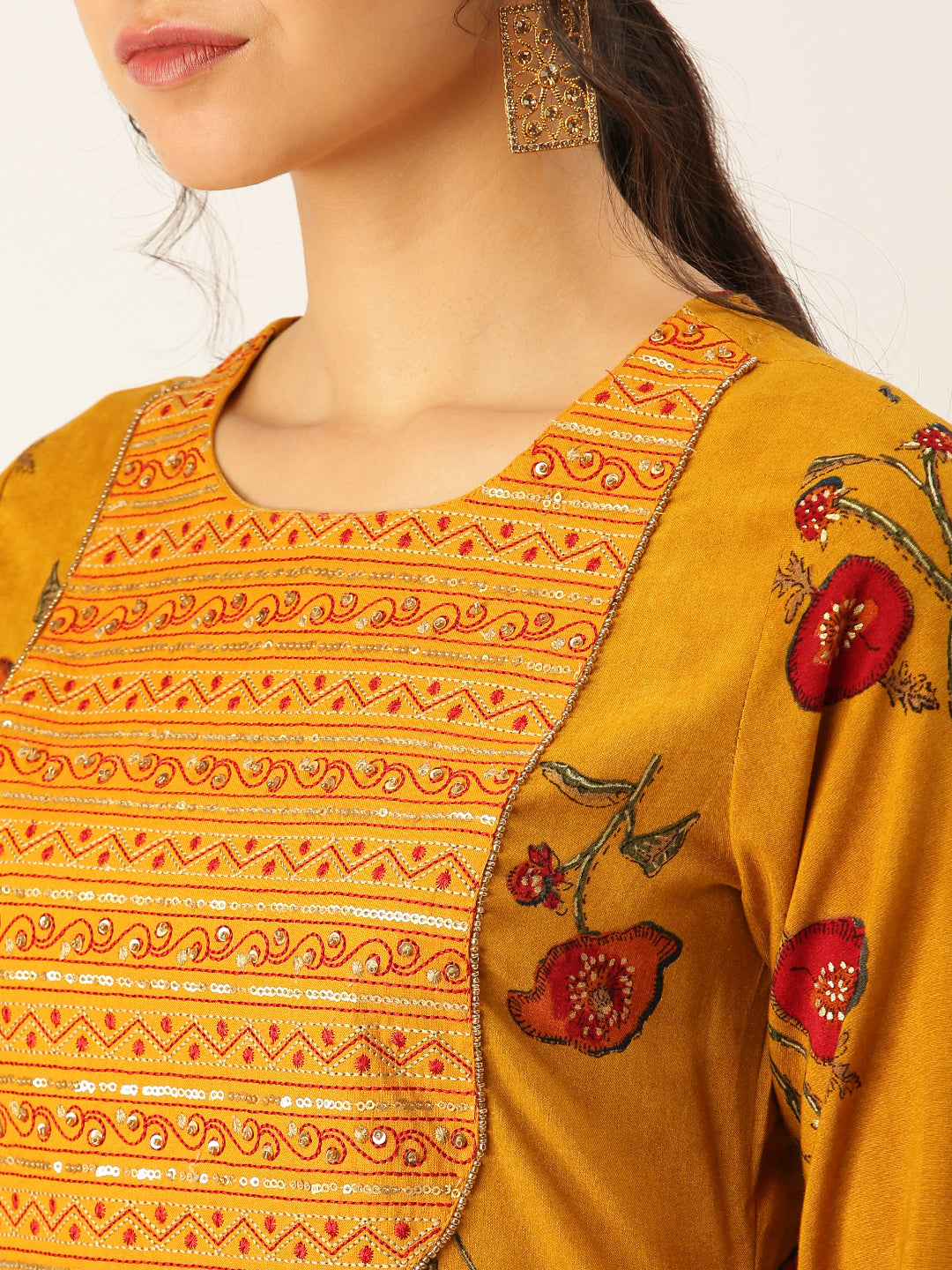Women's Mustard Printed Sequinned Kurta Set with Palazzos